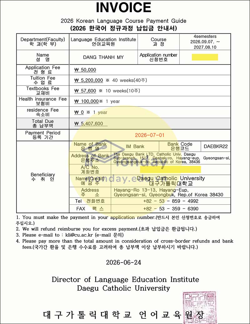 Invoice trường Đại học Daegu Catholic visa D4 của học viên Monday