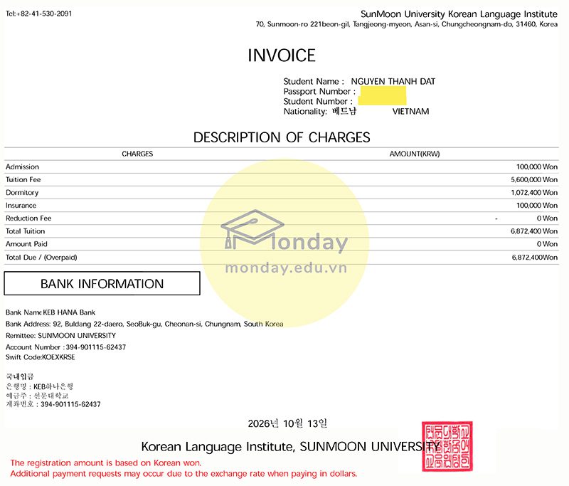 Invoice trường đại học Sunmoon Visa D4 của học viên Monday
