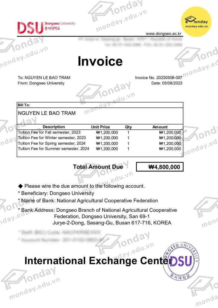 Invoice Trường Đại học Dongseo