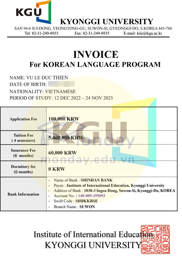 Invoice Đại học Kyonggi
