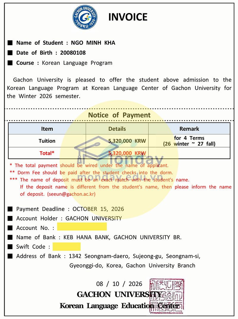 Invoice Đại học Gachon visa D4 của học viên Monday