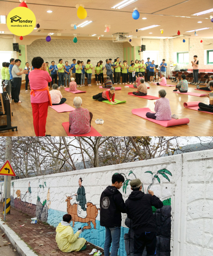 Sinh viên Đại học Quốc gia Changwon tích cực tham gia các hoạt động tình nguyện như thăm trại dưỡng lão, vẽ tường...