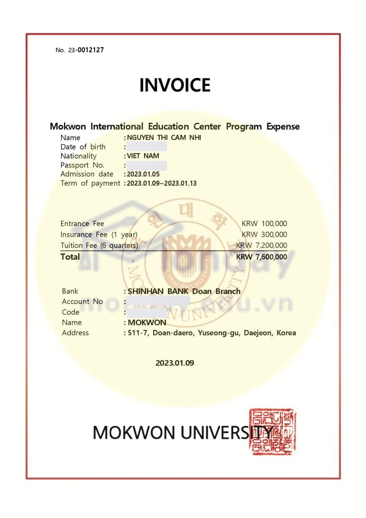 Invoice của học viên Monday - Đại học Mokwon
