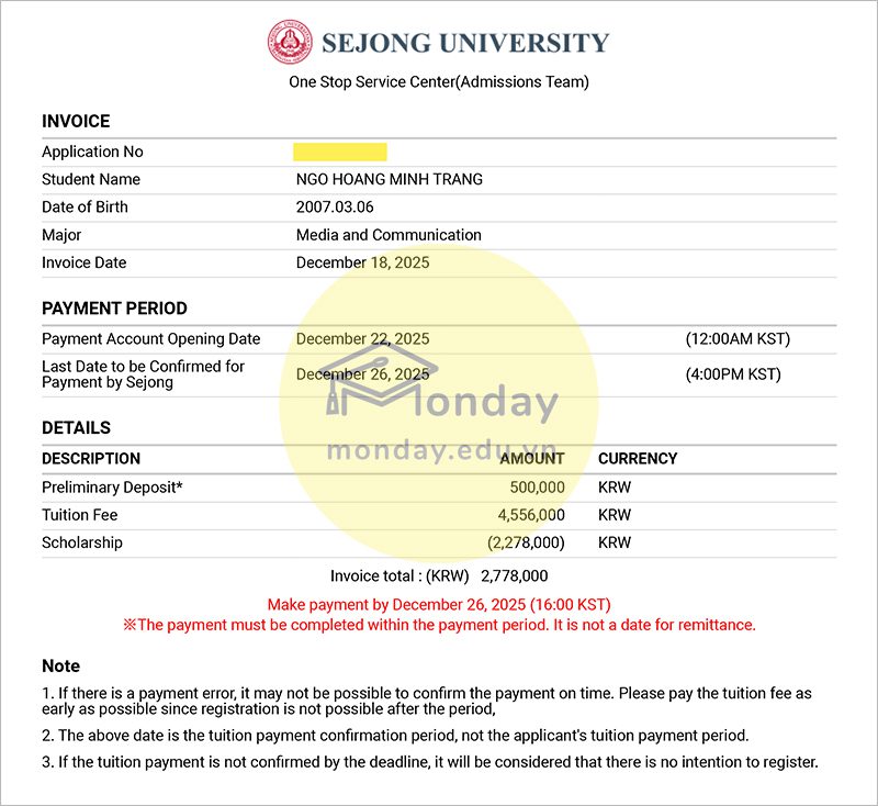 Invoice trường Đại học Sejong visa D2 hệ tiếng Anh của học viên Monday